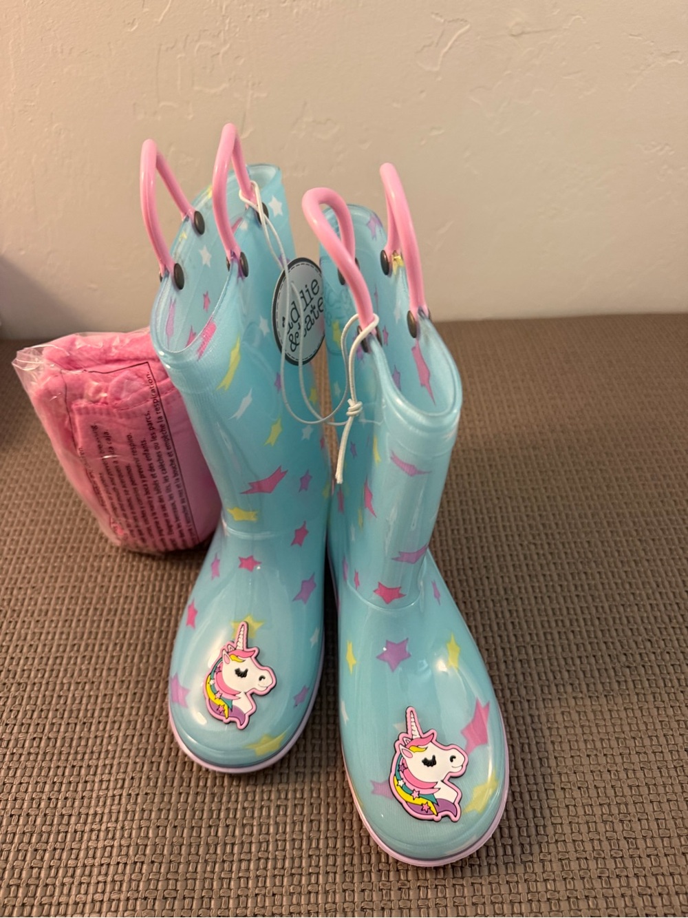 Raindear & Co. Kids' Blue Unicorn Rain Boots with Pink Handles